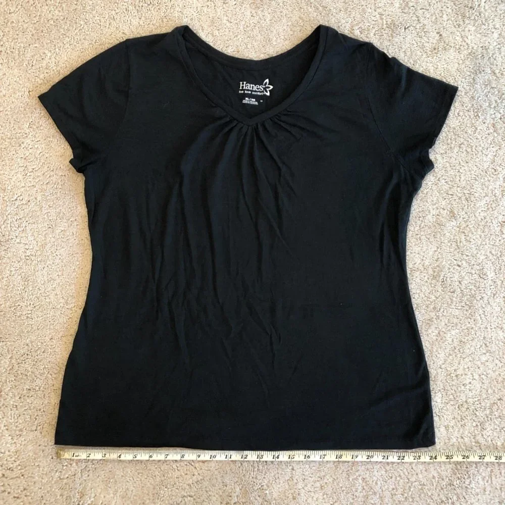 Hanes Live Love Comfort Black Striated V-neck Cap Short-Sleeve Women's Tee Top - Picture 8 of 8